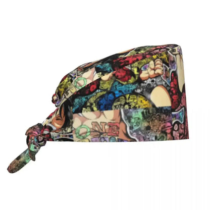 Vibrant graffiti-style printed scrubs cap with bold colorful street art design for surgical use