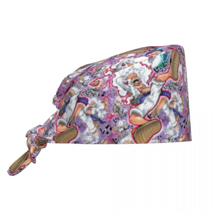 Purple patterned scrubs cap featuring cartoon characters in dynamic poses for surgical use