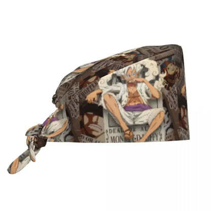 Brown fabric scrubs cap with a printed monkey d anime design from one piece custom surgical hat