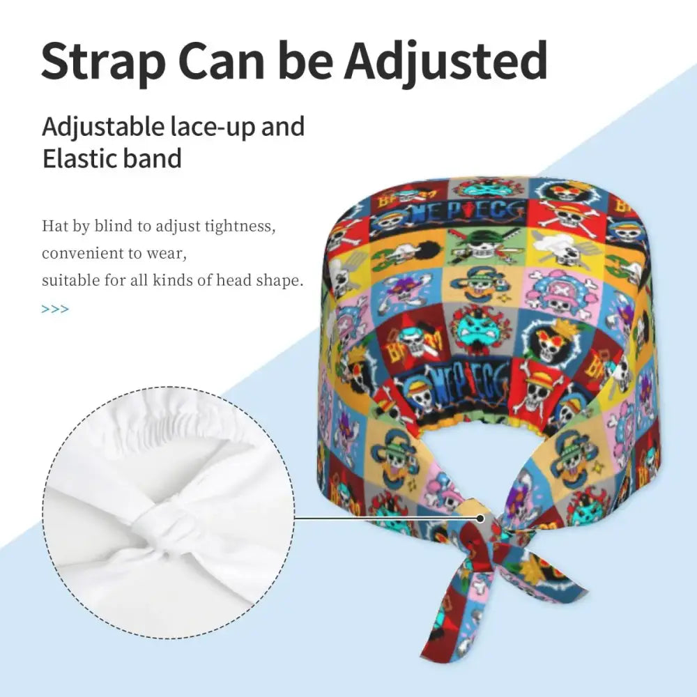 One piece custom scrubs cap with colorful skull and pirate-themed pattern for surgical use