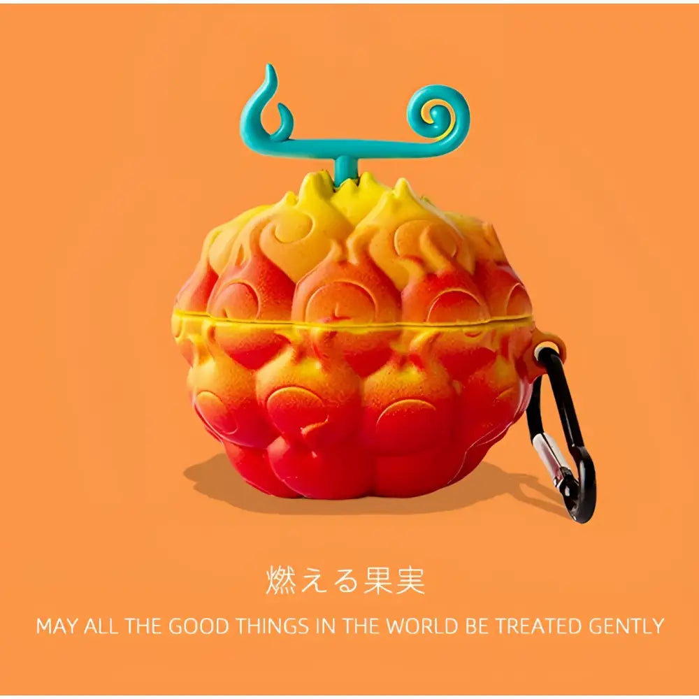 One Piece devil fruit airpods 4 case featuring a vibrant orange-red silicone pineapple design with teal top and black clip