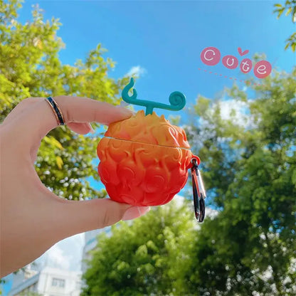 One piece devil fruit airpods case 2024 in orange red silicone with teal stem and carabiner clip protective cover