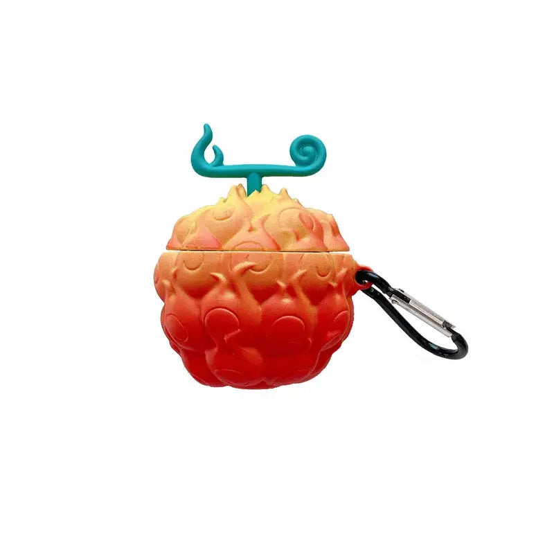Vibrant orange to red anime devil fruit silicone airpods case with teal stem and black carabiner clip for airpods 4