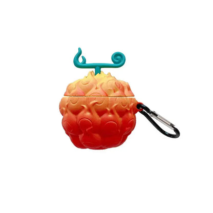 Vibrant orange to red anime devil fruit silicone airpods case with teal stem and black carabiner clip for airpods 4