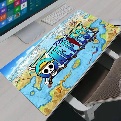 Blue and yellow one piece logo mouse pad featuring a cartoon skull on a map design large desk mat for gaming use