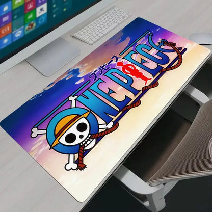 One piece logo mouse pad featuring soft rubber material with vibrant gradient and straw hat pirate design for gaming desk use