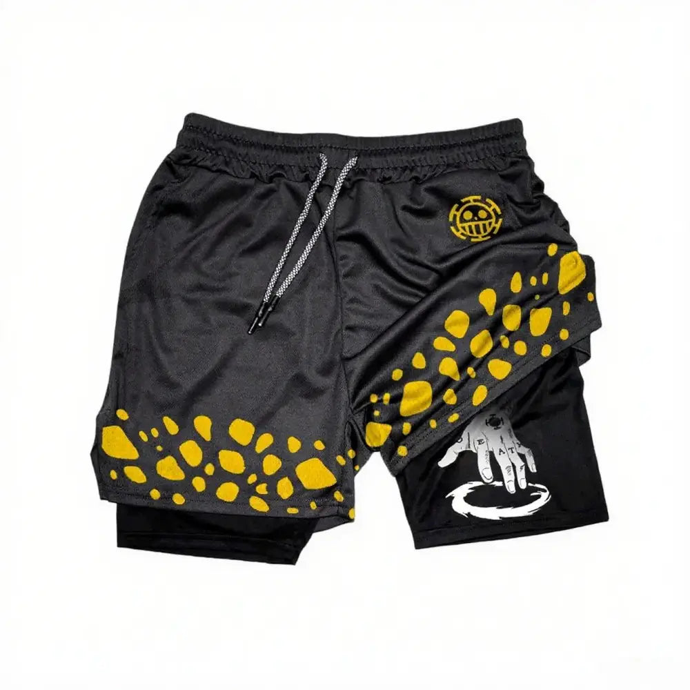 One Piece Luffy 2-In-1 gym shorts black with yellow spots and white hand graphic quick-dry double layer elastic waistband