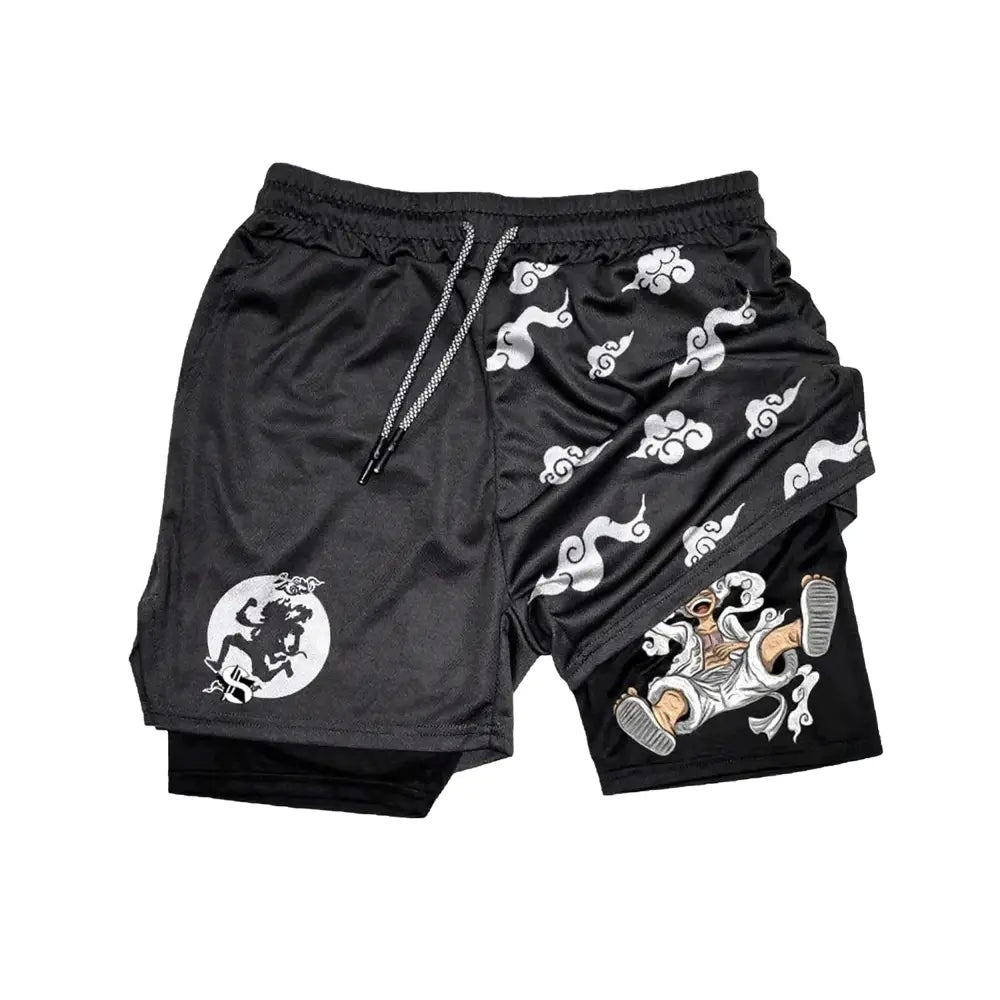 One piece luffy 2-in-1 quick-dry double layer black athletic shorts with white cloud pattern and anime graphic