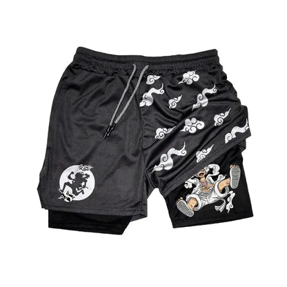 One piece luffy 2-in-1 quick-dry double layer black athletic shorts with white cloud pattern and anime graphic