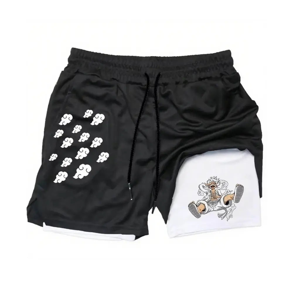 One piece luffy 2-in-1 quick-dry black and white two-tone gym shorts with cloud pattern and anime graphic