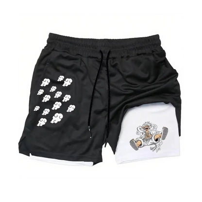 One piece luffy 2-in-1 quick-dry black and white two-tone gym shorts with cloud pattern and anime graphic