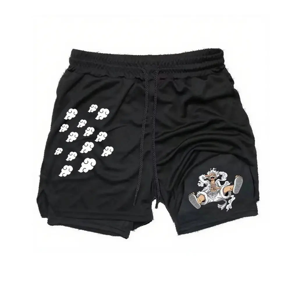 Black quick-dry double layer one piece luffy 2-in-1 gym shorts with white cloud and character embroidery