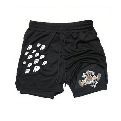 Black quick-dry double layer one piece luffy 2-in-1 gym shorts with white cloud and character embroidery