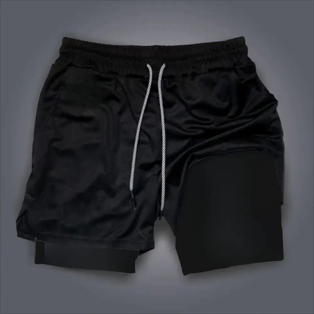 Black satin-like one piece luffy 2-in-1 gym shorts with white drawstring and quick-dry double layer design