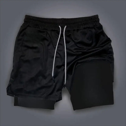 Black satin-like one piece luffy 2-in-1 gym shorts with white drawstring and quick-dry double layer design