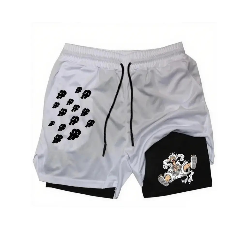 One Piece Luffy 2-in-1 quick-dry gym shorts with white black two-tone, cloud pattern, anime graphic, and contrasting drawstrings