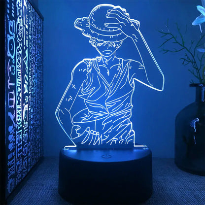 One piece luffy 3d led night light with blue-lit glowing outline and colors change feature activated by pressing 8th times