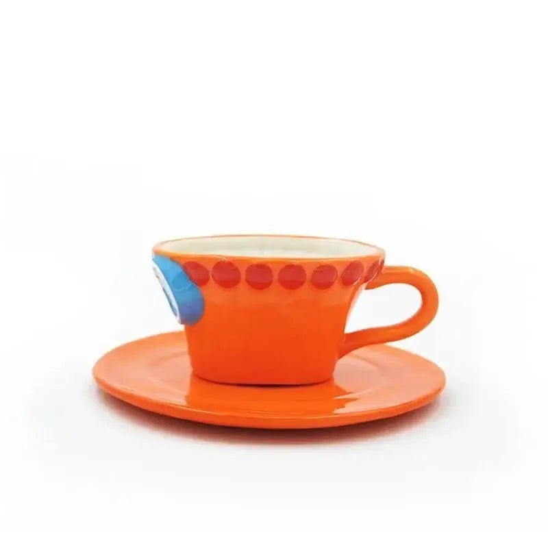 Vibrant orange ceramic one piece luffy ace sabo hat-shaped teacup with red polka dots and matching saucer
