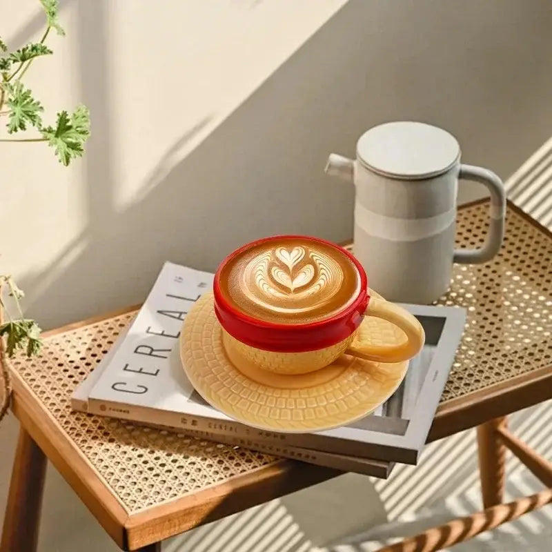One piece luffy ace sabo hat-shaped ceramic mug set with red and beige coffee cup and heart latte art on matching saucer