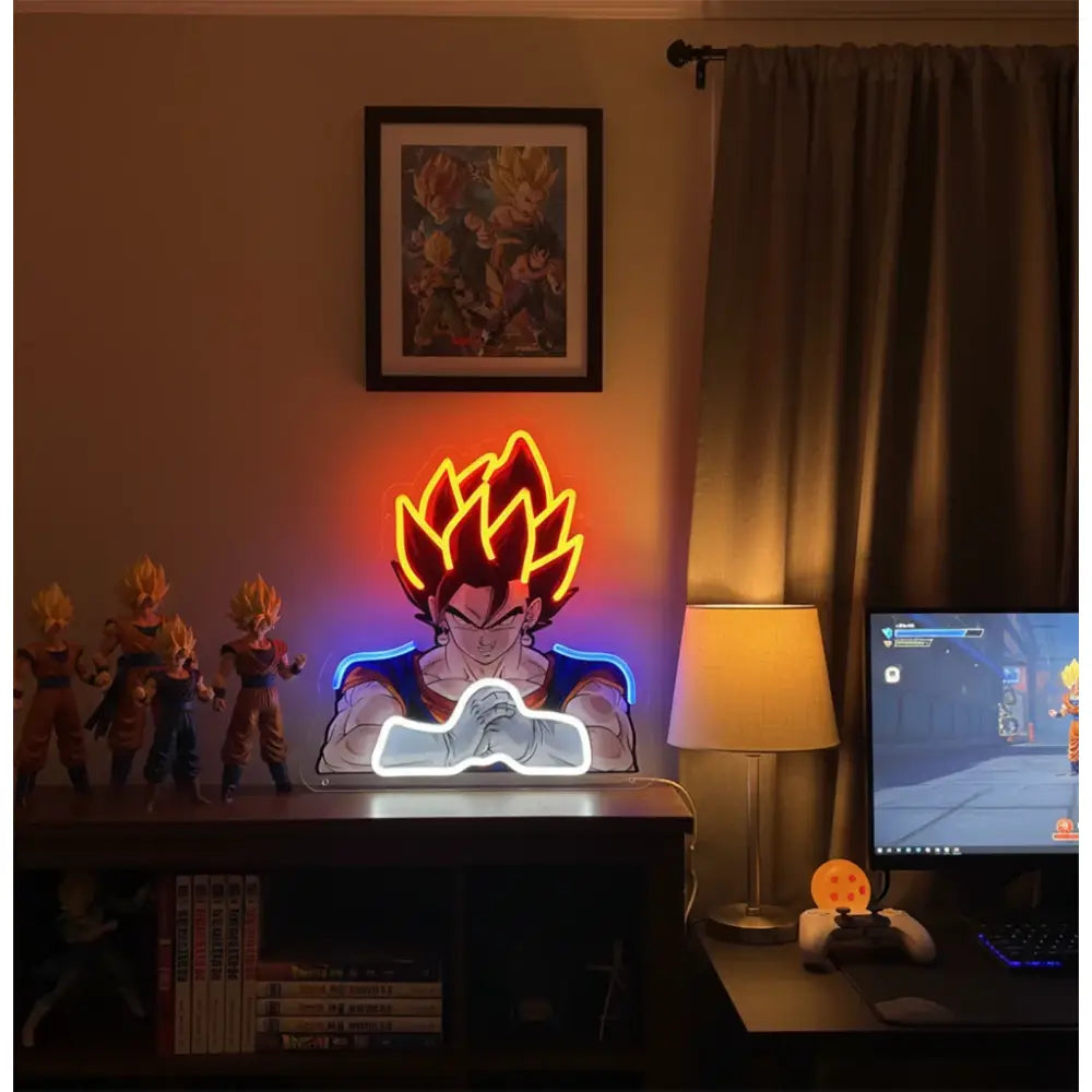 A vibrant orange and blue led sign of piece luffy acrylic featuring spiky hair and clenched fists bedroom wall light