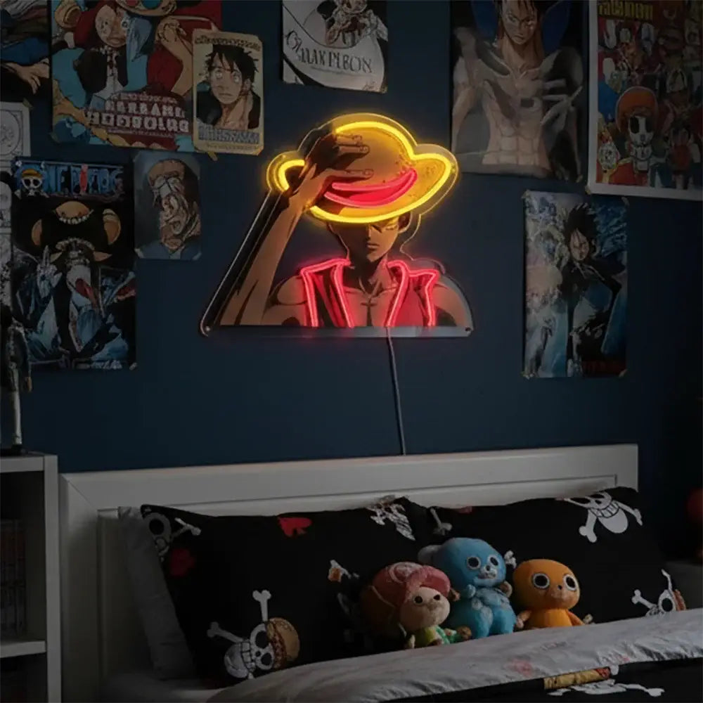 Glowing neon one piece luffy acrylic led sign with yellow and red outlines shaped like luffy in straw hat bedroom wall light