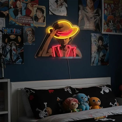 Glowing neon one piece luffy acrylic led sign with yellow and red outlines shaped like luffy in straw hat bedroom wall light