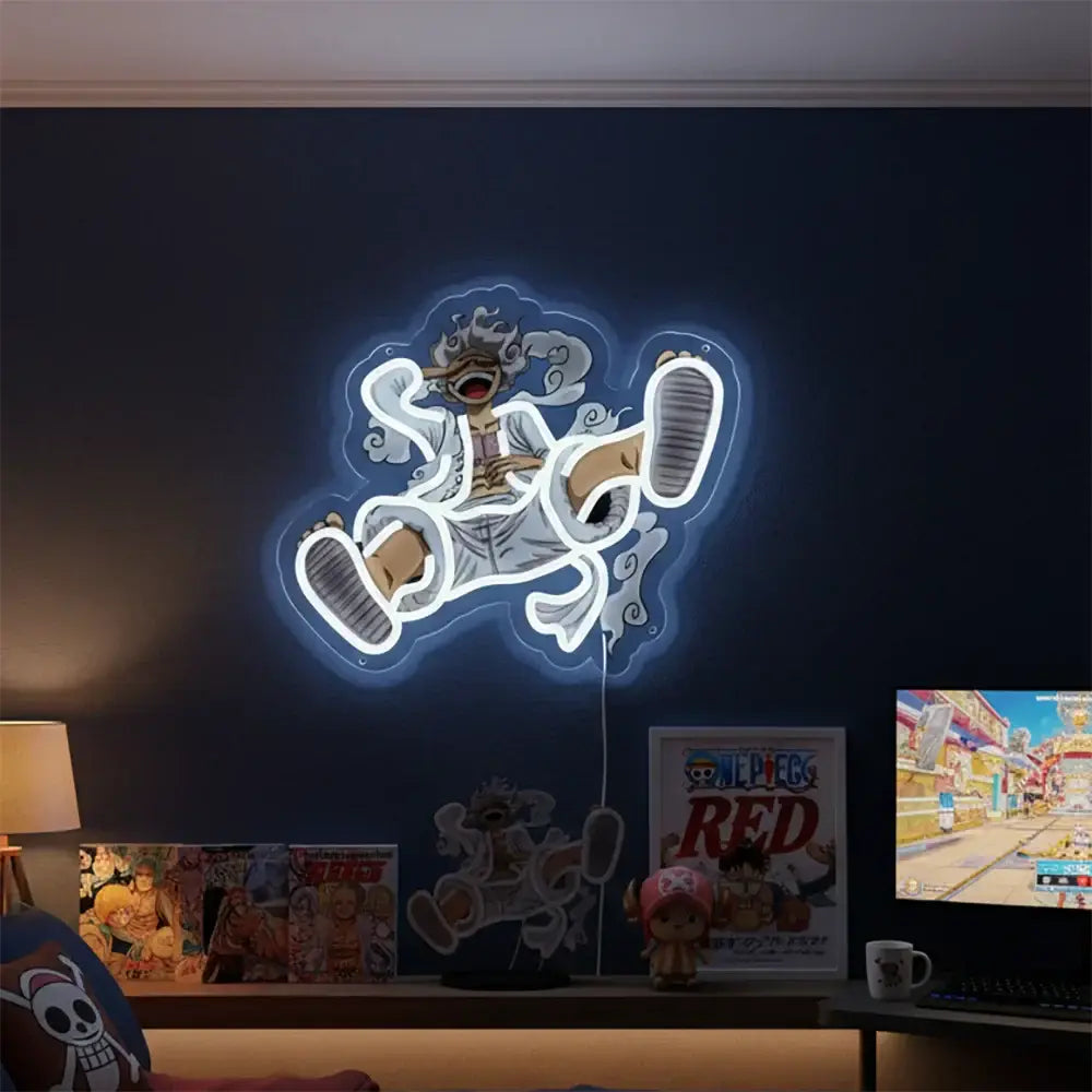 Blue glowing one piece luffy acrylic led sign featuring a dynamic cartoon character for bedroom wall light