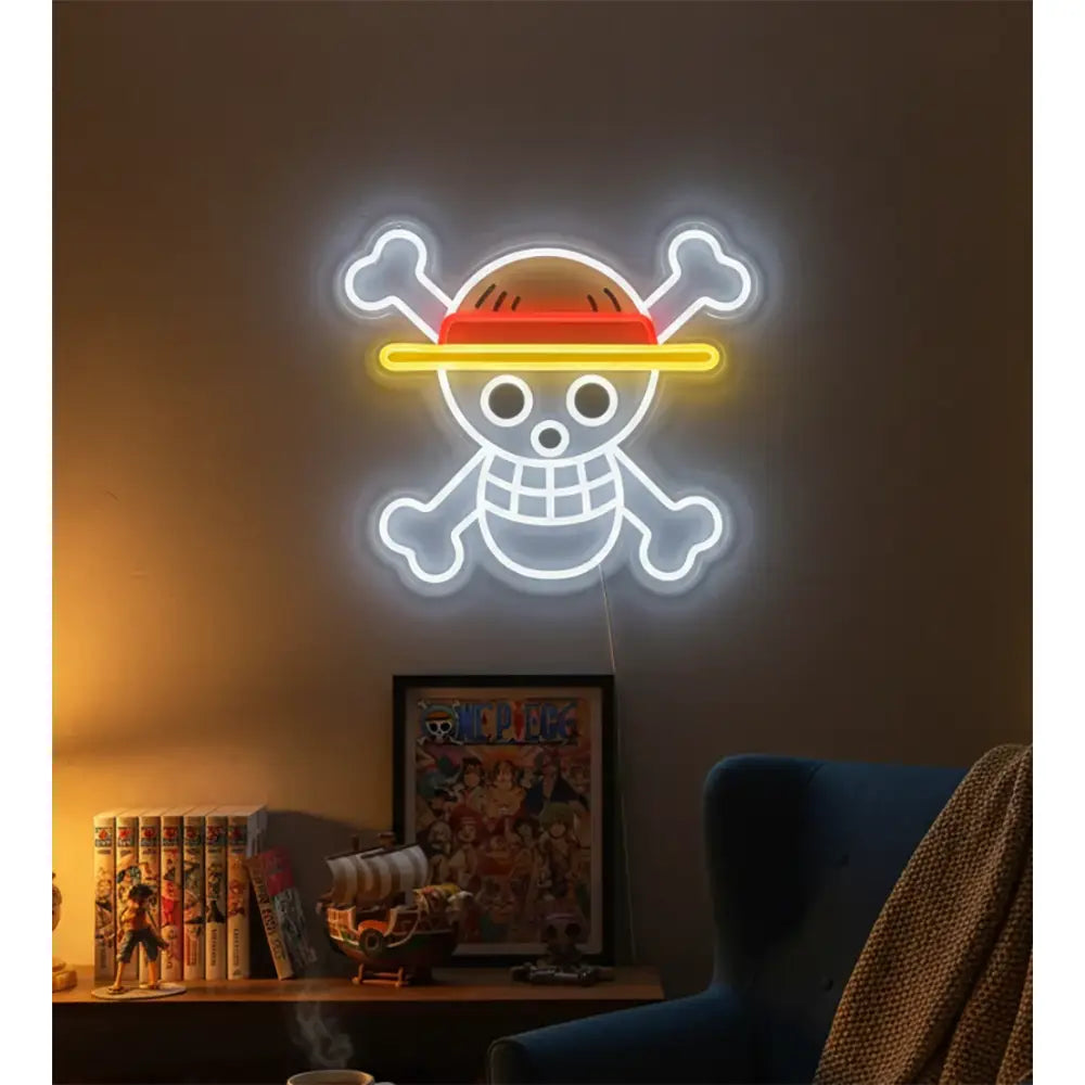 A glowing neon led sign of piece luffy acrylic jolly roger skull with red hat and white outlines for bedroom wall light