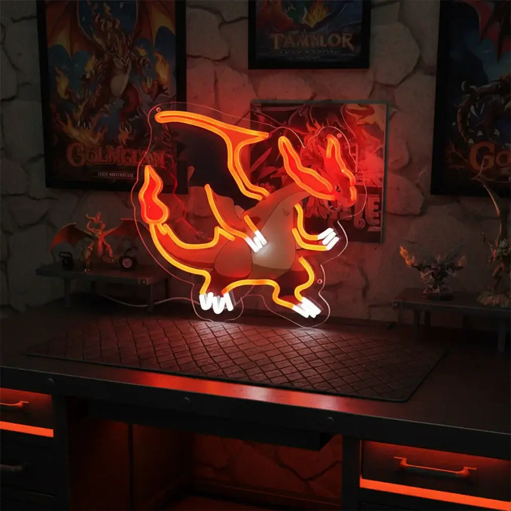 A glowing orange charizard shaped led sign with illuminated outlines for bedroom wall light featuring luffy acrylic led
