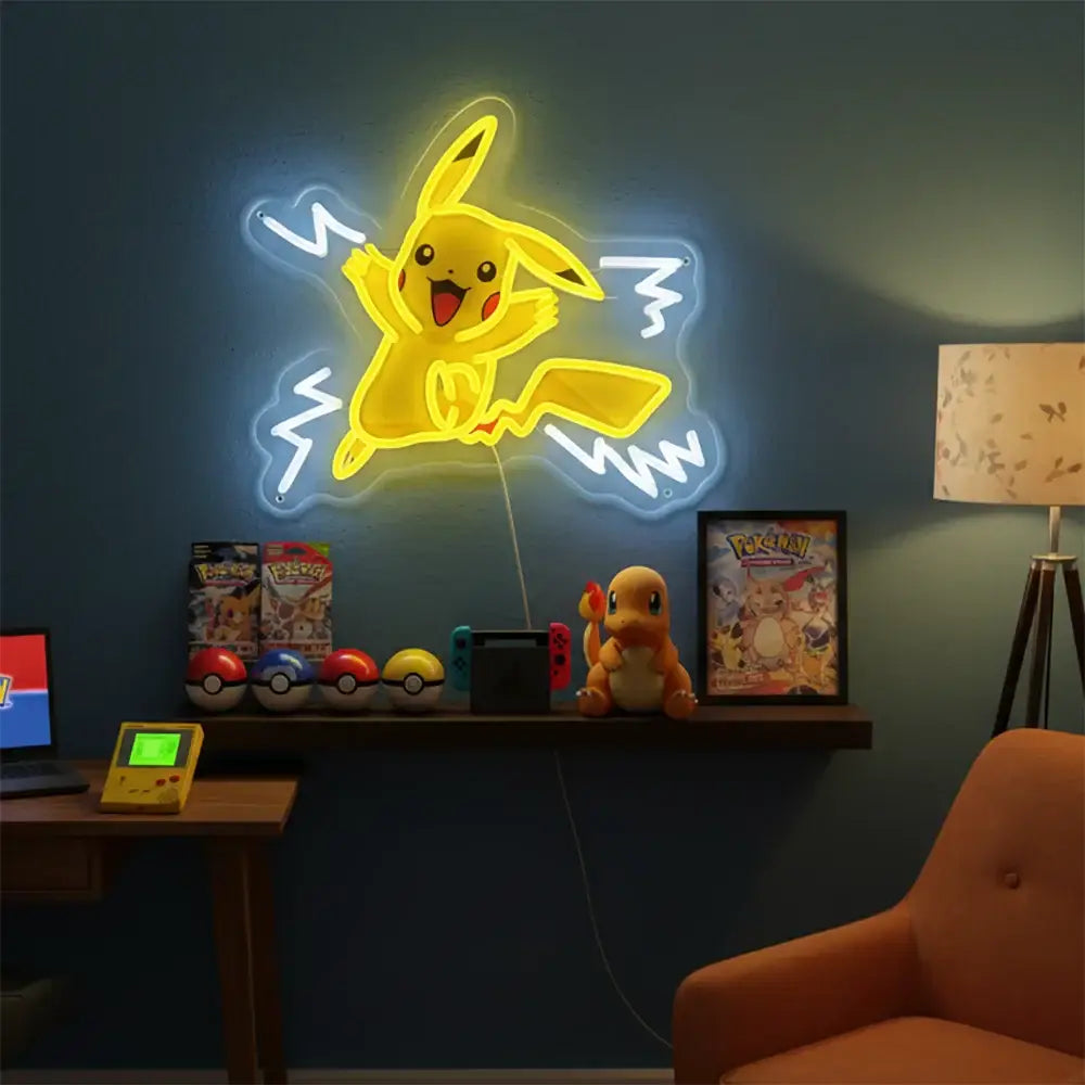 One piece luffy acrylic led sign featuring a glowing yellow pikachu neon light with white lightning bolt accents for bedroom wall decor
