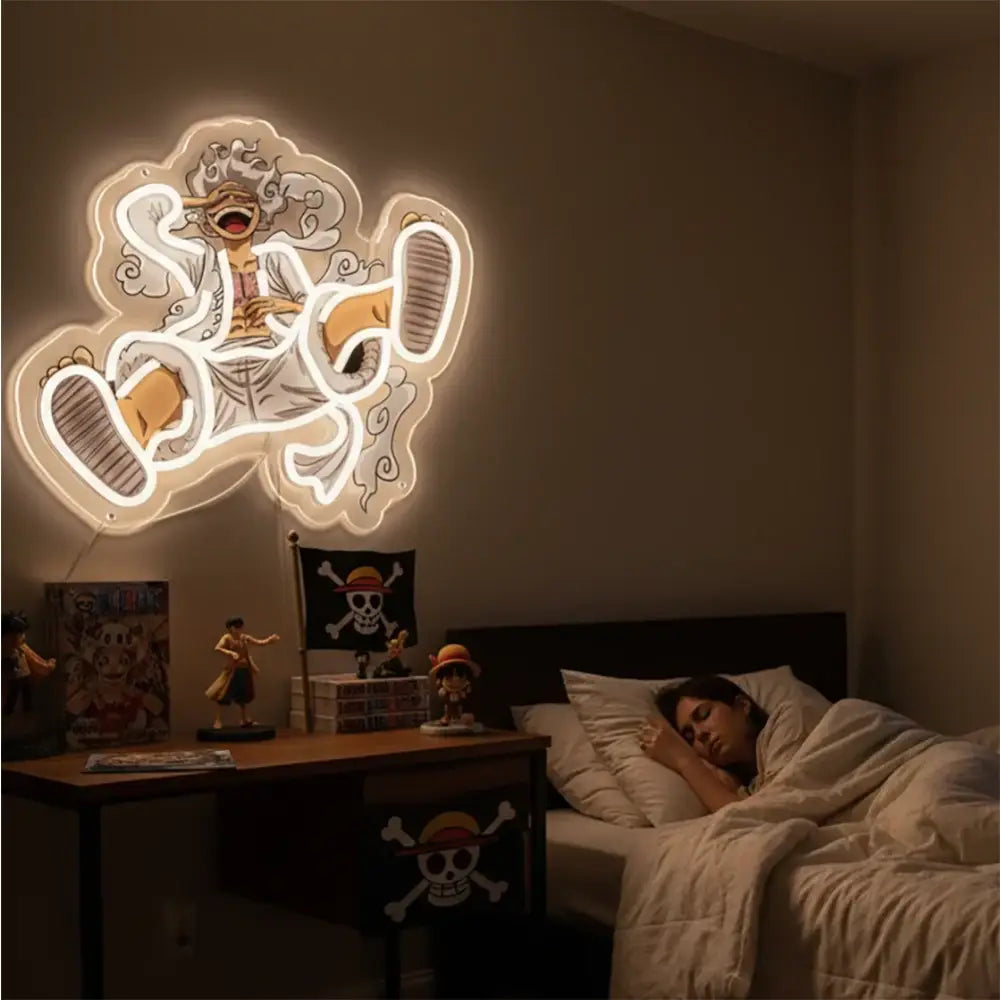 A one piece luffy acrylic led sign with glowing white and orange neon outlines perfect for bedroom wall light