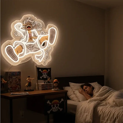 A one piece luffy acrylic led sign with glowing white and orange neon outlines perfect for bedroom wall light