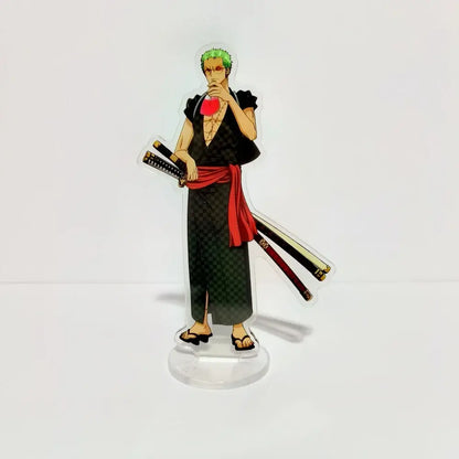 Clear acrylic stand of roronoa zoro from one piece with green hair and black red outfit holding two swords, 16cm 3d model