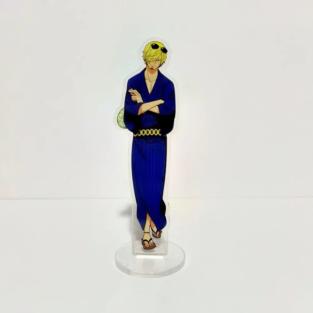 Clear acrylic stand of one piece luffy 16cm 3d model with blonde hair sunglasses and blue robe accents