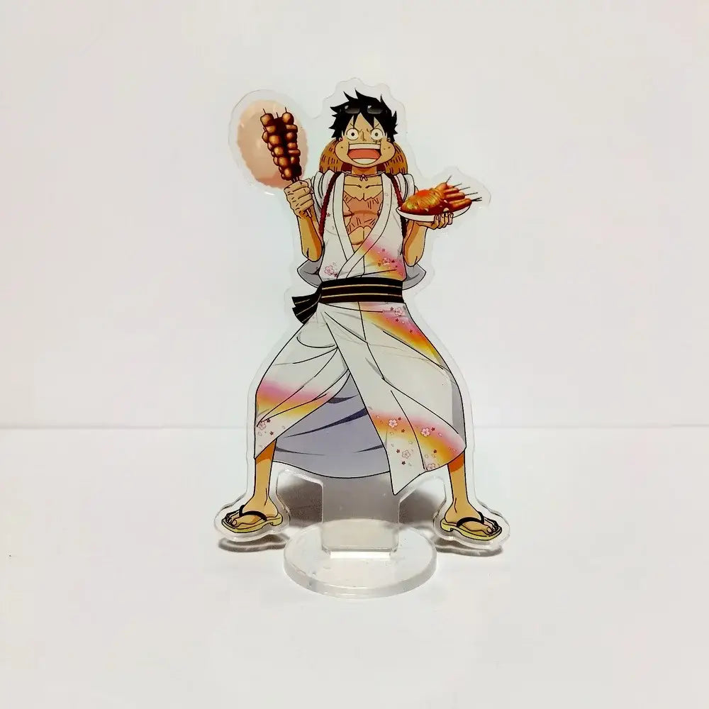 Clear acrylic stand featuring a smiling luffy anime character in traditional japanese attire holding food 16cm 3d model