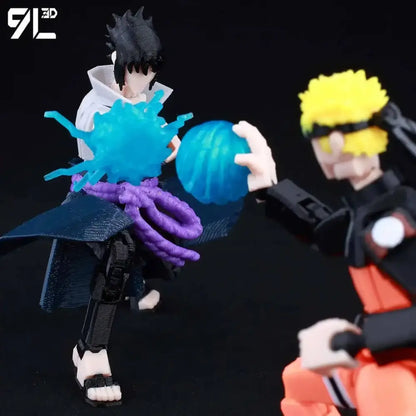 One piece luffy articulated figure featuring black-haired sasuke uchiha in white and black outfit with purple chakra tendrils
