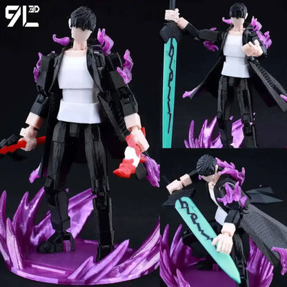Black and white one piece luffy articulated figure with purple flame accents holding a teal sword 3d printed model