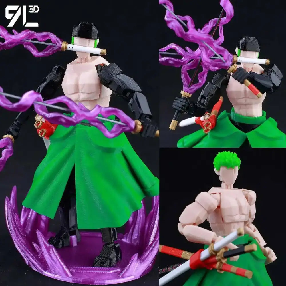 Detailed 3d-printed articulated figure of roronoa zoro with green hair, beige skin, black arm guards, red sash, and emerald skirt