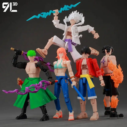 A dynamic group of five colorful articulated figures including the one piece luffy 3d printed model