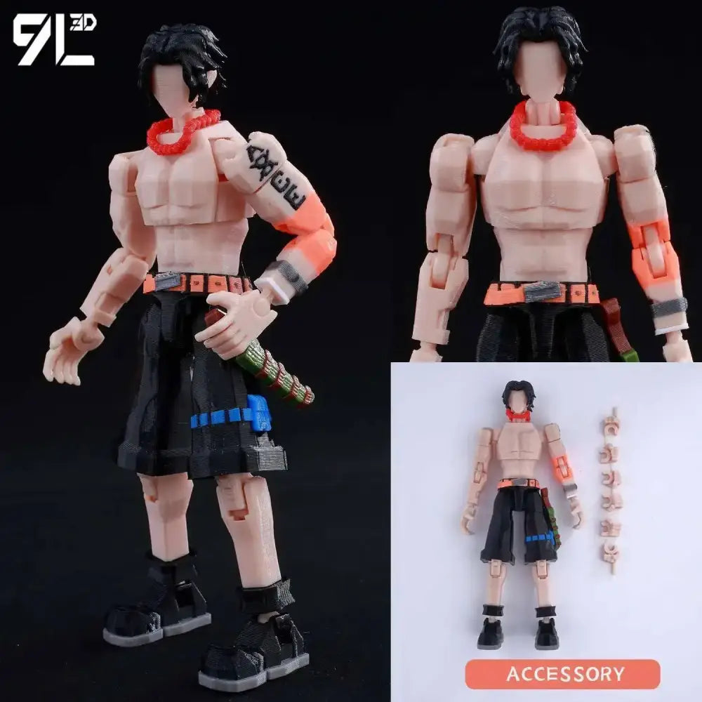 Tan plastic one piece luffy articulated figure with black hair orange accessories and tattoos 3d printed model