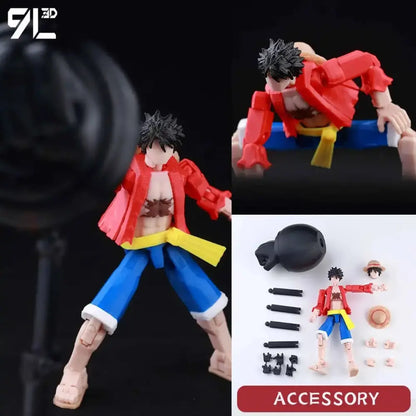 One piece luffy articulated figure 3d printed model with red and blue outfit black spiky hair and yellow sash
