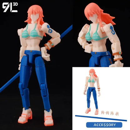 Detailed 3d printed one piece luffy articulated figure with orange hair wearing teal bikini top and blue pants