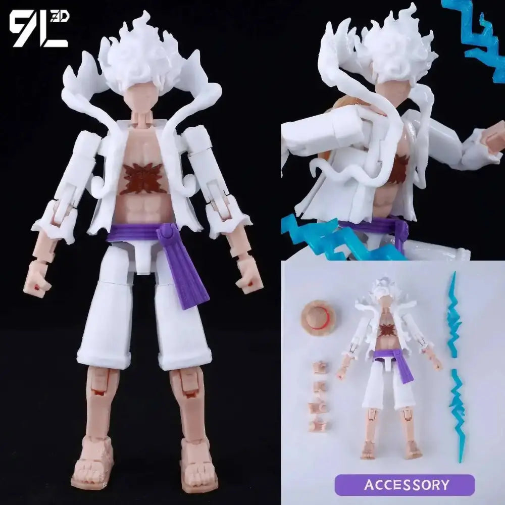 White and purple articulated figure of One Piece Luffy with flame-like hair wearing a white open coat over shorts
