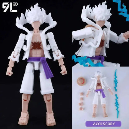 White and purple articulated figure of One Piece Luffy with flame-like hair wearing a white open coat over shorts
