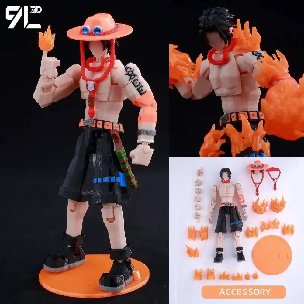 Orange-hatted one piece luffy articulated figure with red laces flame accessories black shorts on orange base 3d printed model