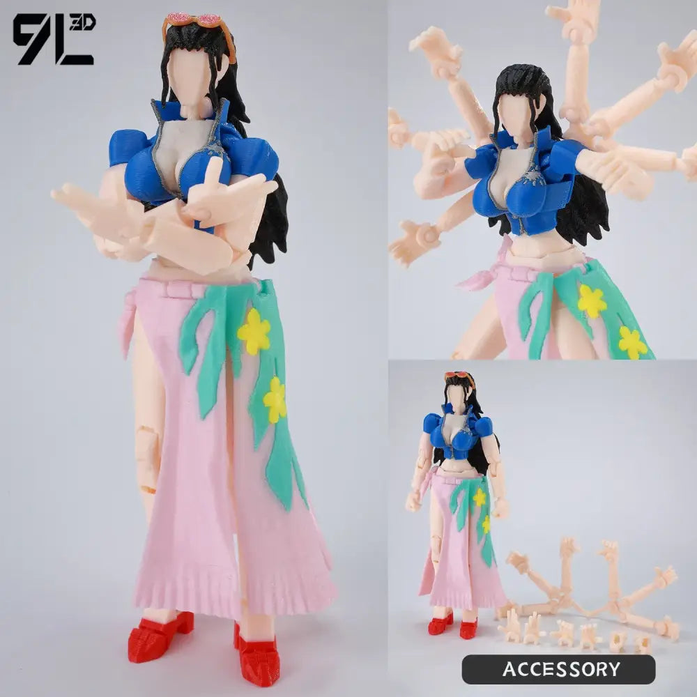 One piece luffy articulated figure 3d printed model in blue and pink plastic with multiple arms floral skirt and red shoes