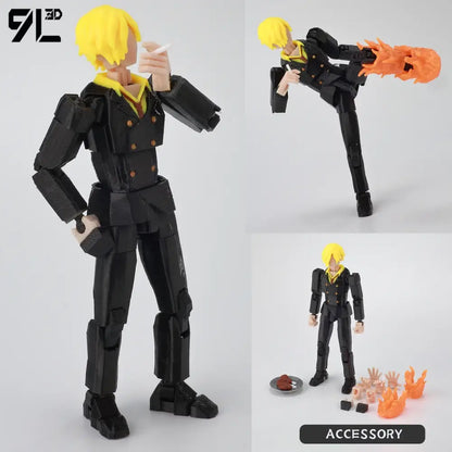 Black articulated figure of one piece luffy with bright yellow hair in a black double-breasted suit and gold buttons