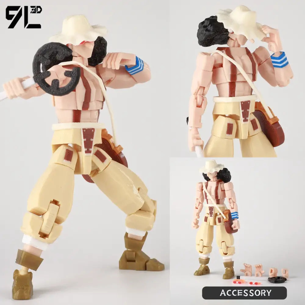 Beige and brown articulated figure of one piece luffy with white cowboy hat and blue-striped wristbands 3d printed model