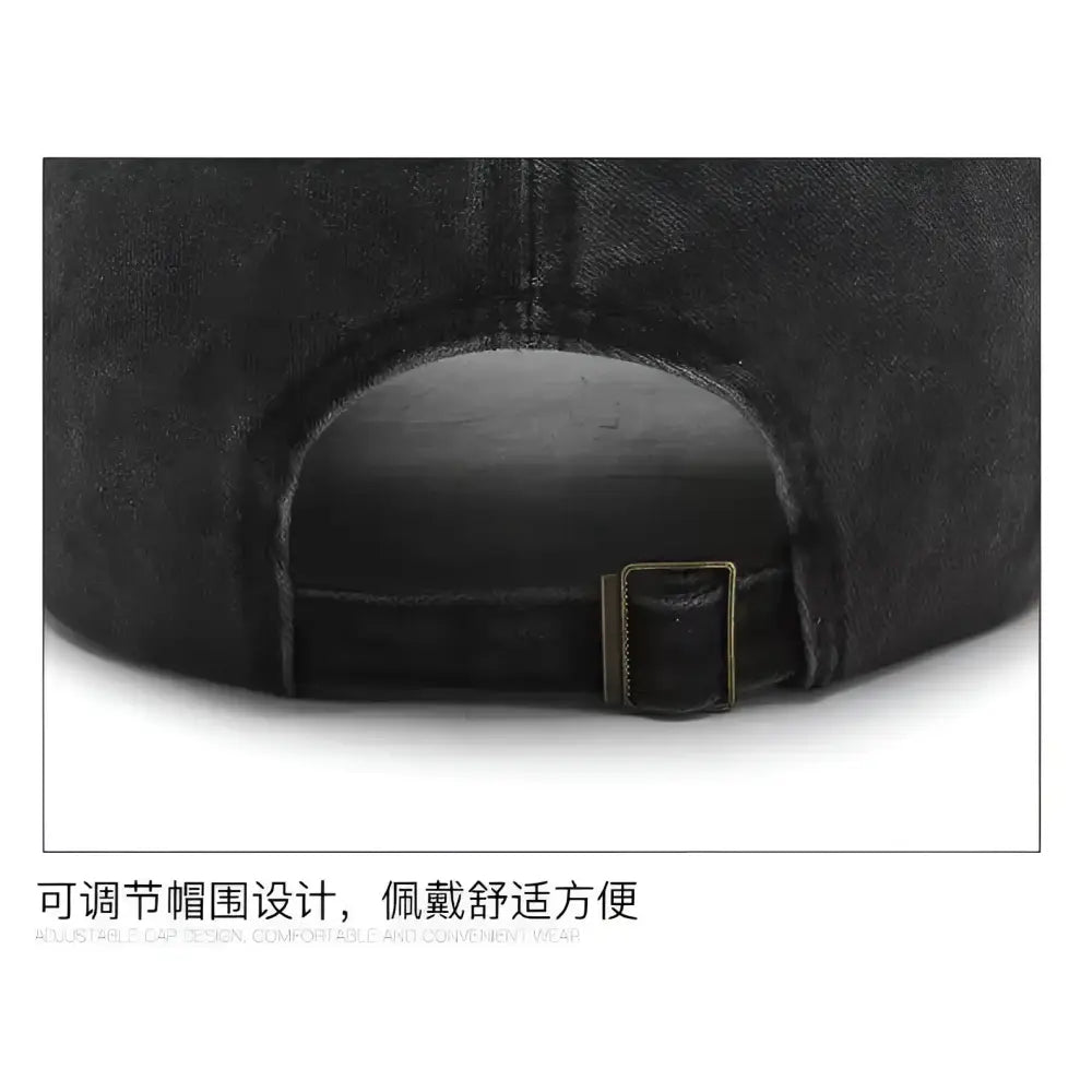 Black denim baseball cap with brass adjustable buckle in washed retro baseball cap style from one piece luffy collection