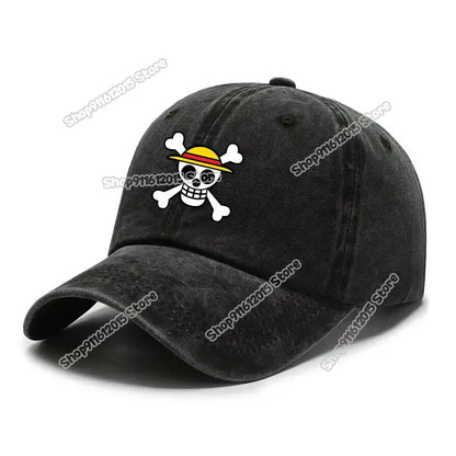 Black denim washed retro baseball cap featuring white skull and crossbones and yellow straw hat design inspired by one piece luffy
